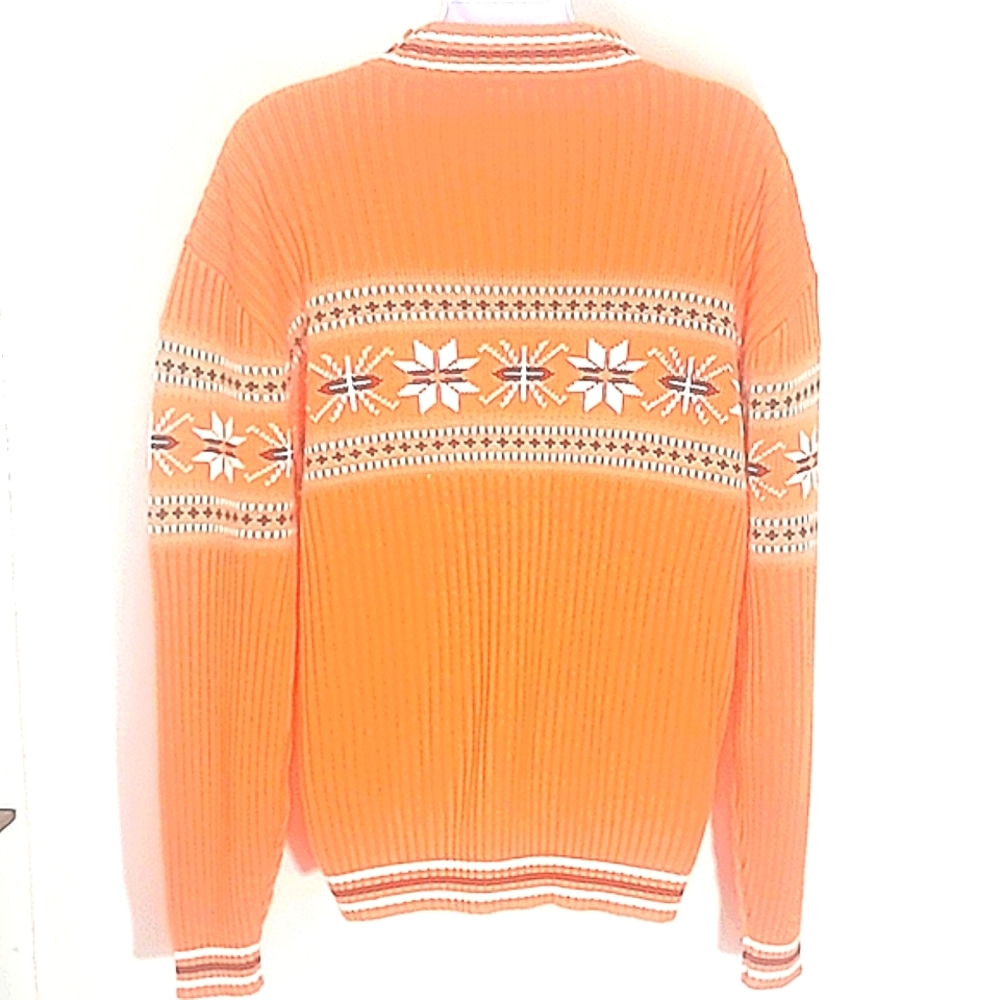 Porta Bella Sweater Vintage Orange Snowflake Ski Poles Mock Turtle Neck Euc